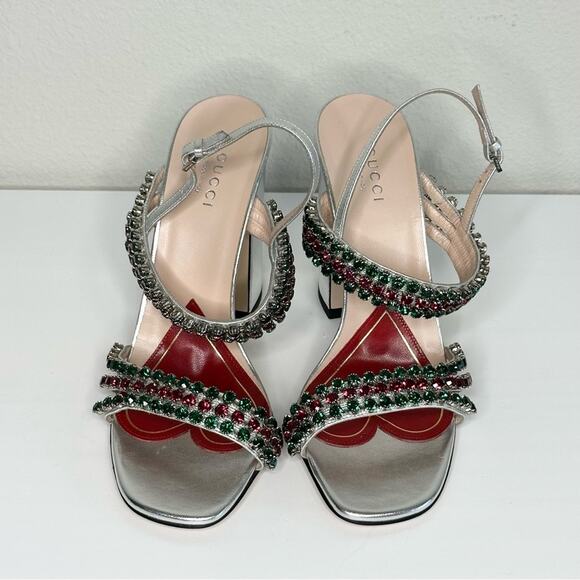 NEW GUCCI Bertie Nappa Leather Crystal High Heel Strappy Sandals Size 37 Silver - Picture 9 of 9